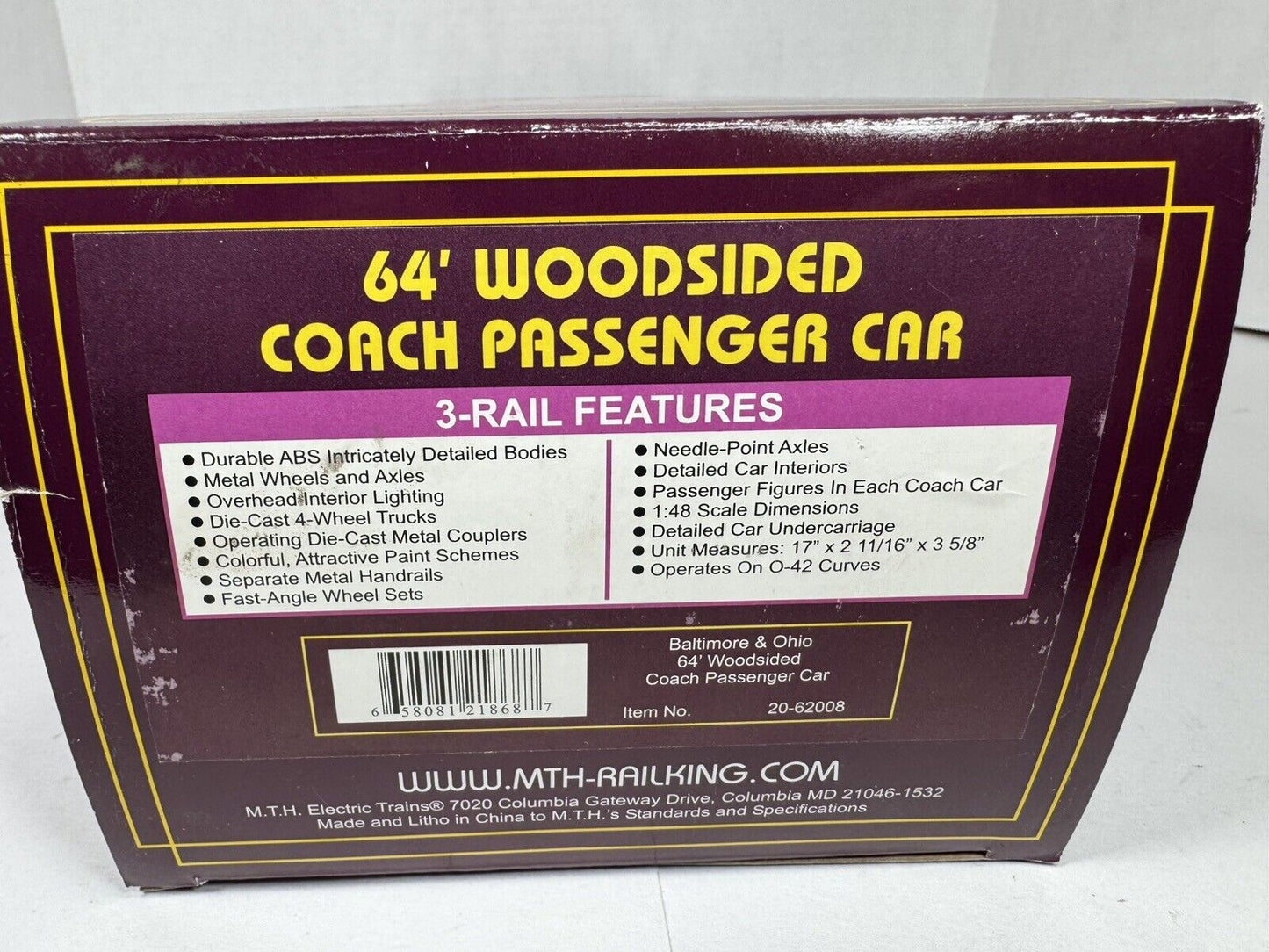 MTH 20-62008 Baltimore & Ohio B&O 64' woodsided coach passenger add-on car NIB